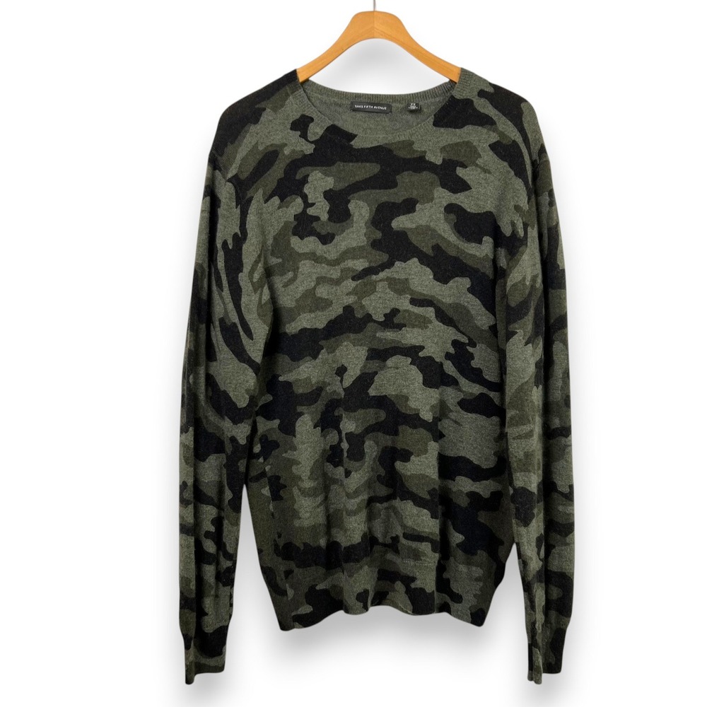 Saks Fifth Avenue Camo Cashmere Wool Sweater Womens L Green Grey Gorpcore Luxury